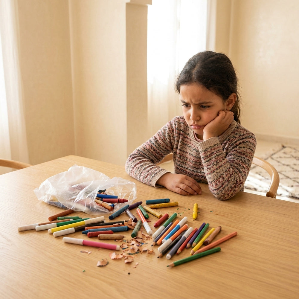 طفلة حائرة أمام أدوات رسم مبعثرة ومكسّرة