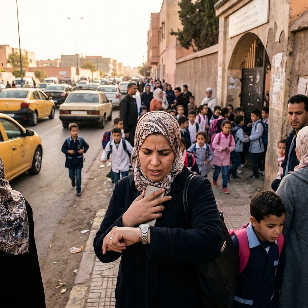 أم قلقة تنتظر طفلها أمام باب المدرسة