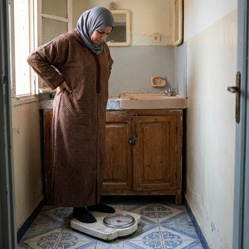 امرأة تقيس وزنها على ميزان عادي قديم