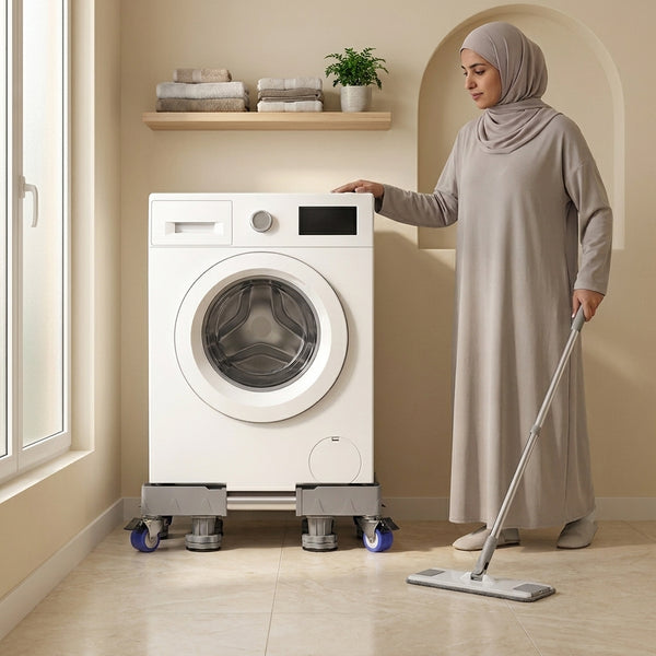 امرأة تحرّك الغسالة بسهولة للتنظيف خلفها