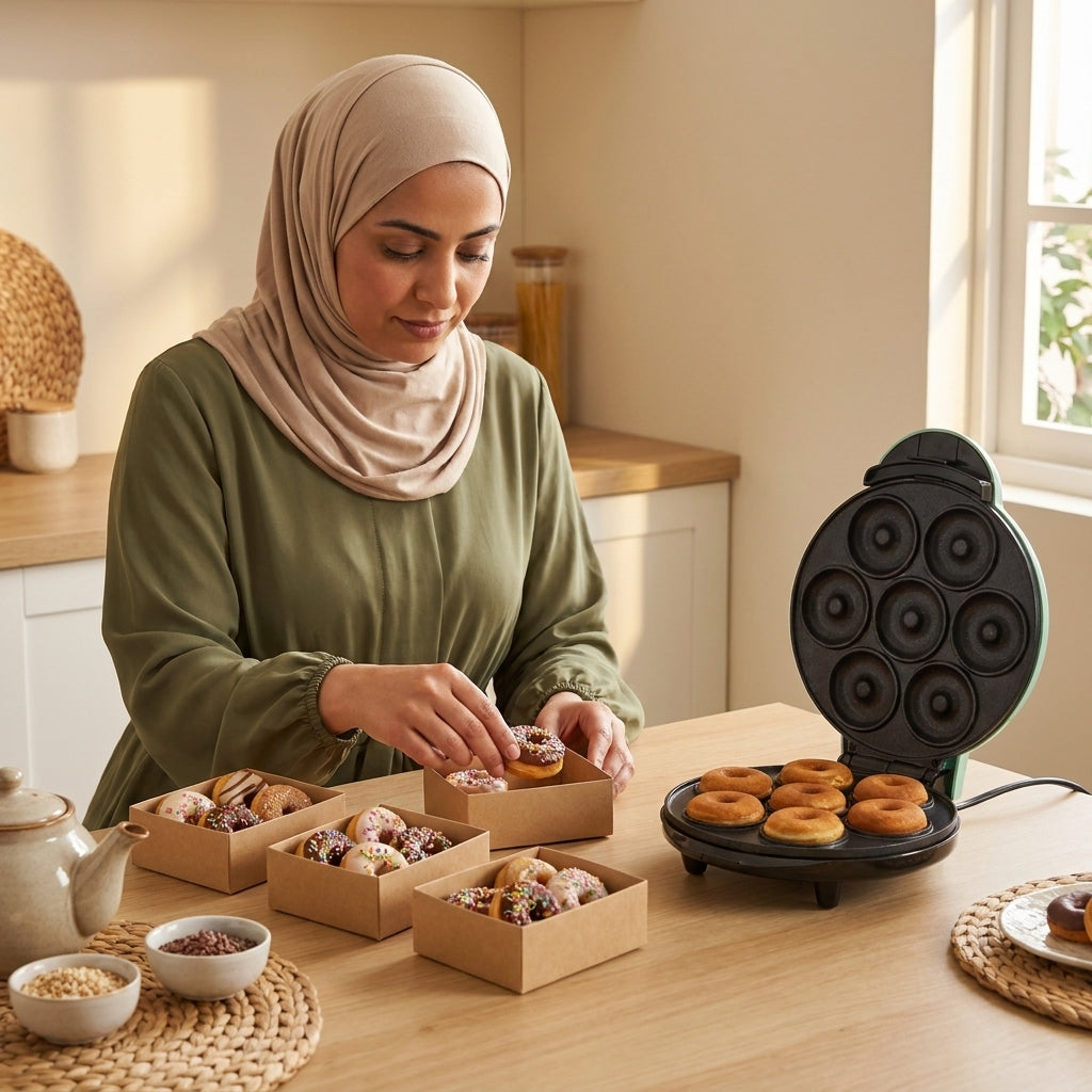 امرأة ترتّب الدونات الصغيرة في علب للطلبات