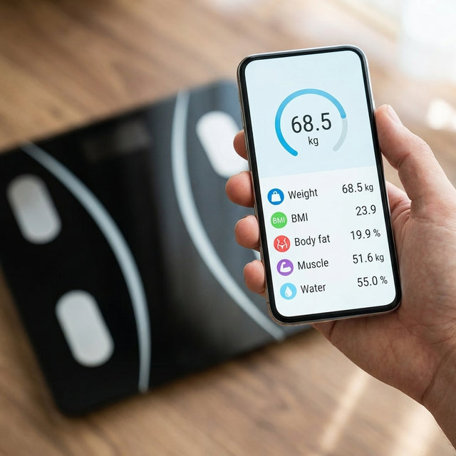 تطبيق الميزان يعرض الوزن ومؤشر كتلة الجسم ونسبة الدهون والعضلات والماء