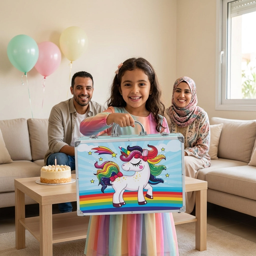 طفلة فرحة بحقيبة الرسم هدية عيد ميلادها