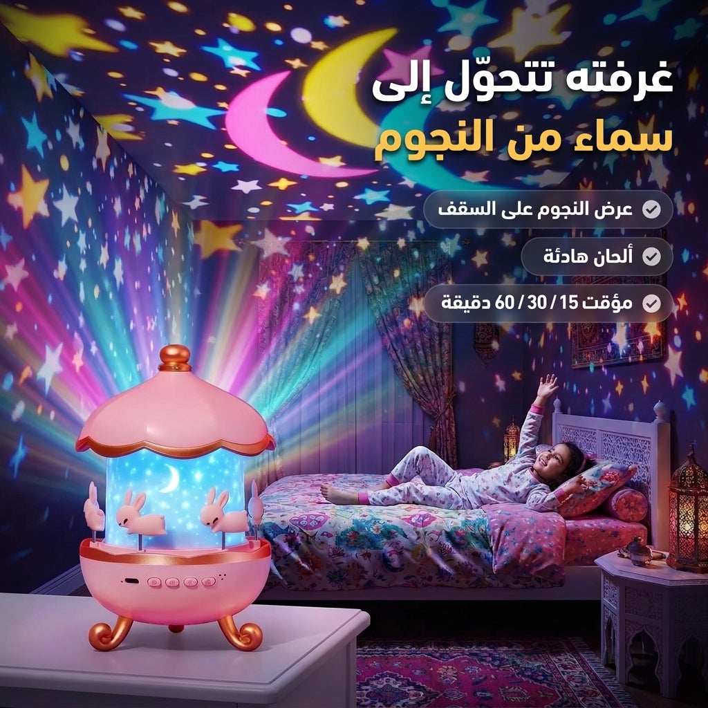 مصباح النوم السحري للأطفال — عارض نجوم دوّار بألحان هادئة وجهاز تحكم