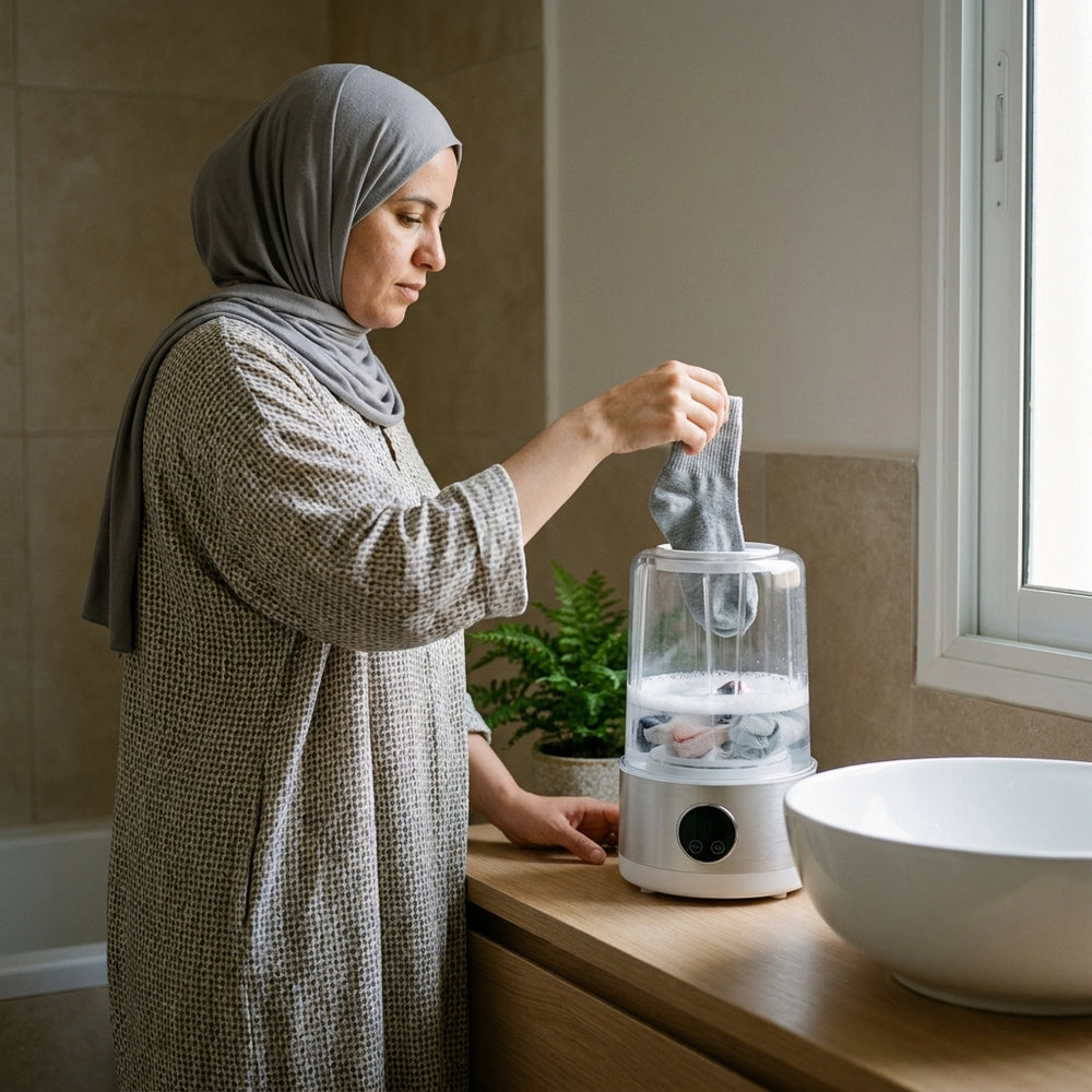 غسل الجوارب في الغسالة الصغيرة قرب الحوض