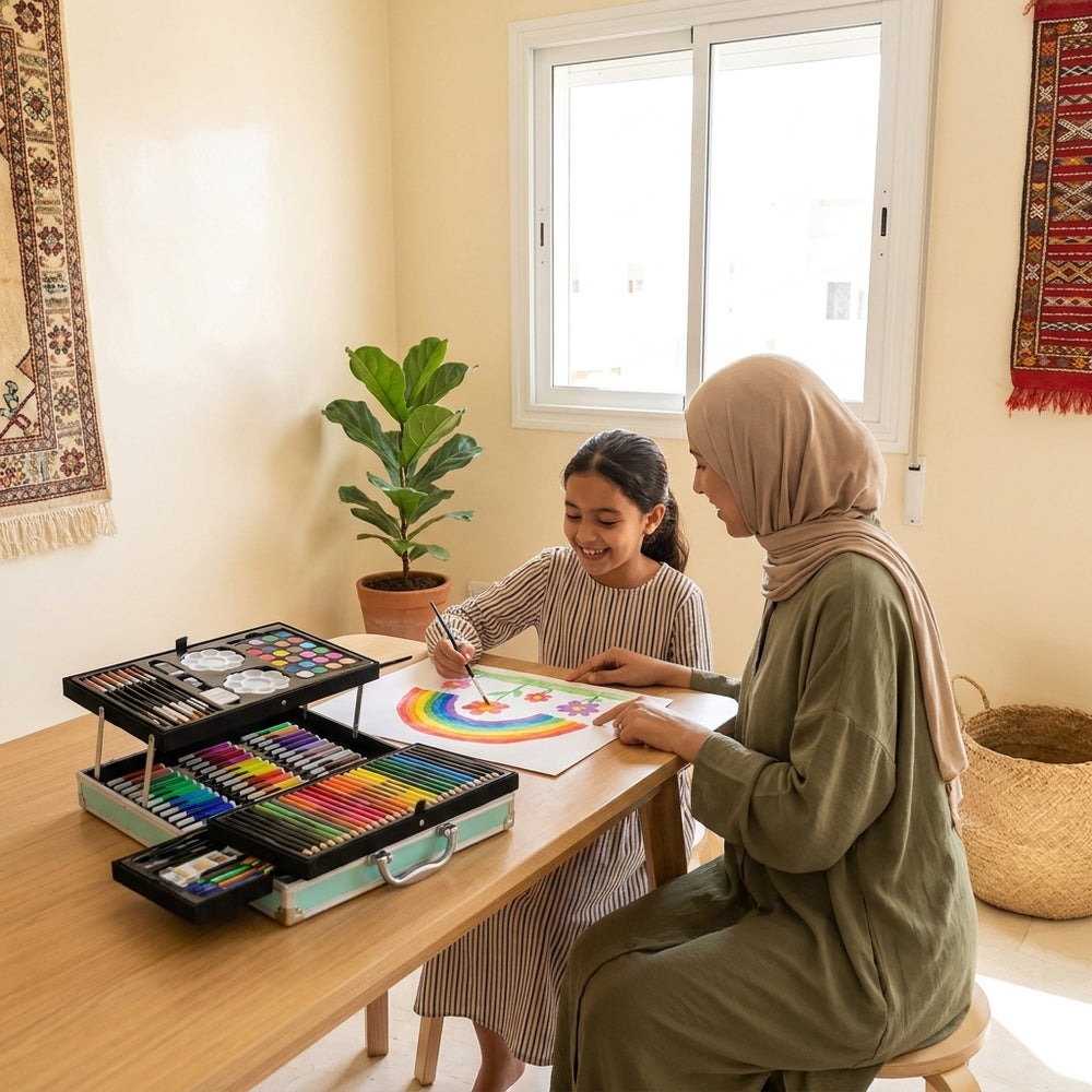 طفلة ترسم بالألوان المائية مع والدتها