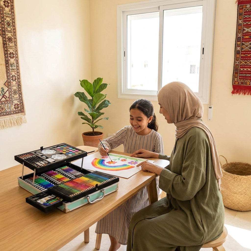 طفلة ترسم بالألوان المائية مع والدتها