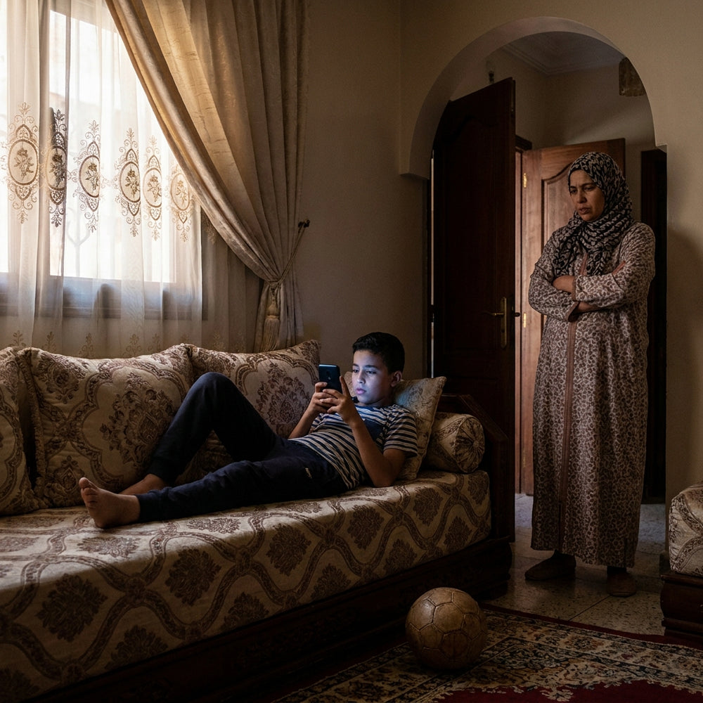 طفل منشغل بالهاتف على الأريكة وأمه تنظر إليه بقلق
