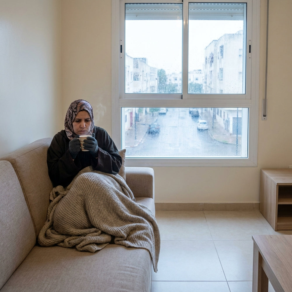 امرأة تشعر بالبرد ملتفة بغطاء في صباح شتوي